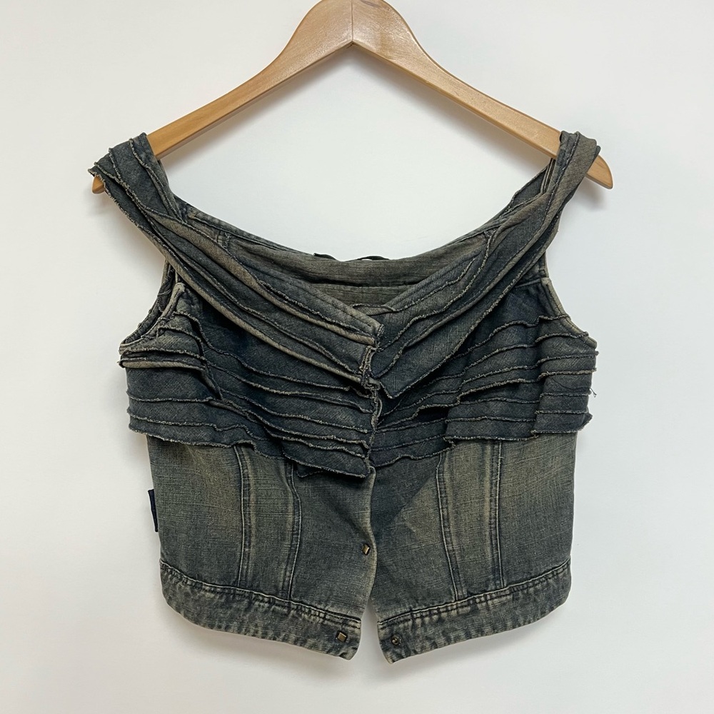 Valentino Jeans 90s Vintage Denim Bustier Crop Top Tiered Off Shoulder Small